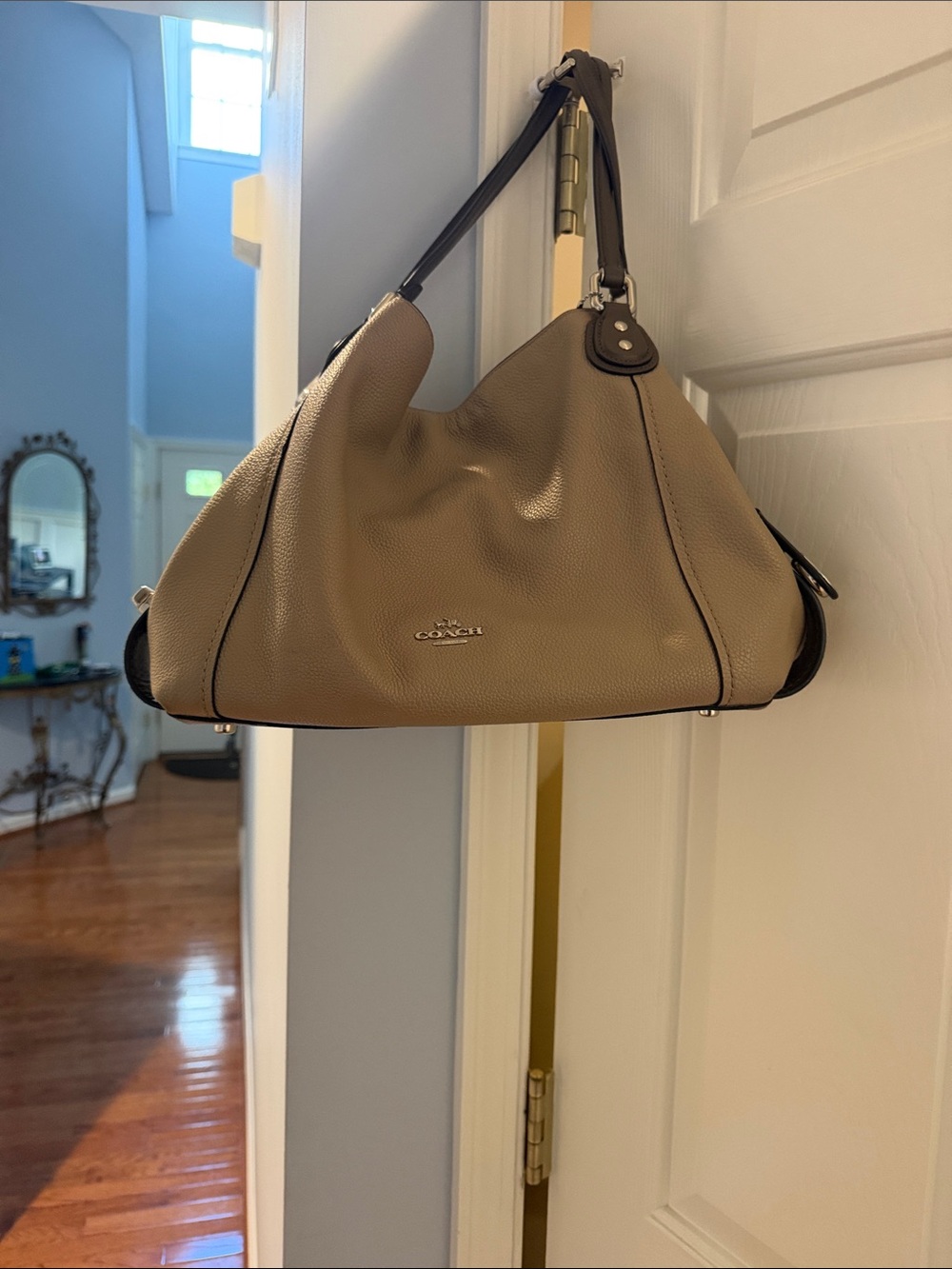 Coach Pebbled Leather Shoulder Hobo in Taupe with Dark Brown Trim